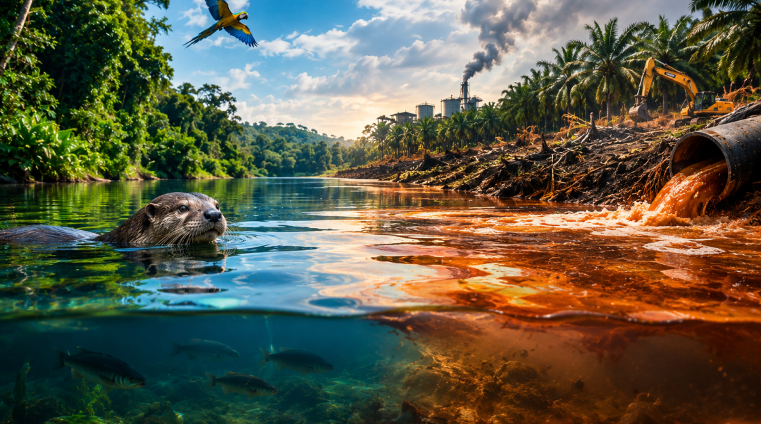 Río dividido entre la selva y la industria